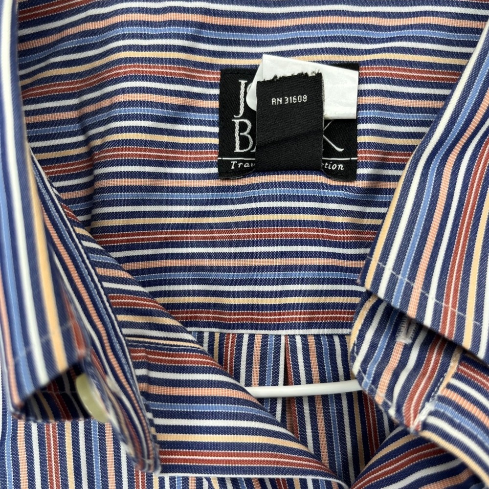 Jos. A. Bank Shirt Traveler's Collection Mens L Blue Red Striped Cotton Tailored - Picture 4 of 8